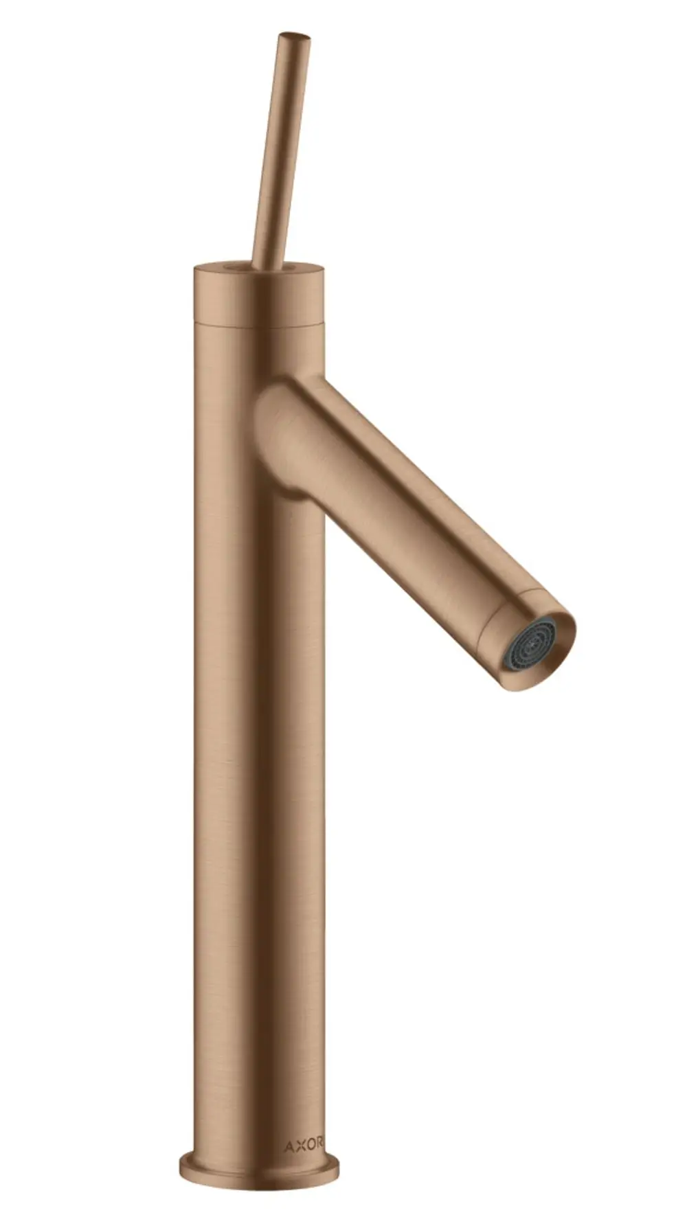 Ein bronzefarbener Einhebel-Waschtischmischer von AXOR mit einem schlanken, zylindrischen Design und einem langen, schmalen Auslauf. Der Griff ist ebenfalls vertikal angeordnet.